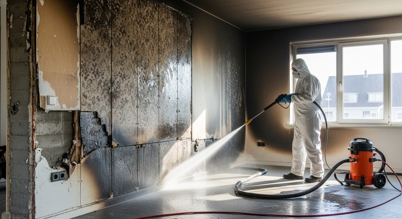 화재청소 고압세척과 진공흡입 작업 모습